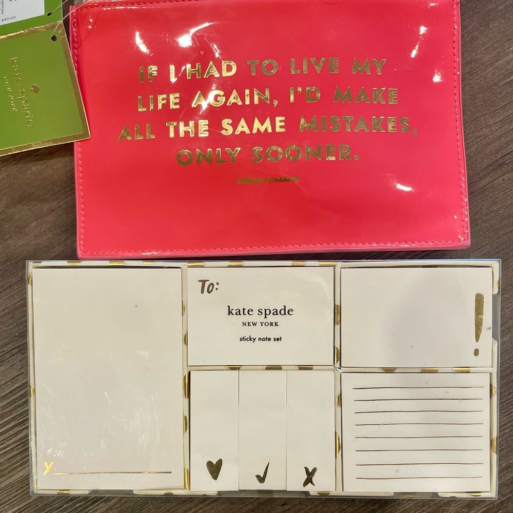 Kate Spade Pink and Gold Pencil Case with Sticky Notes